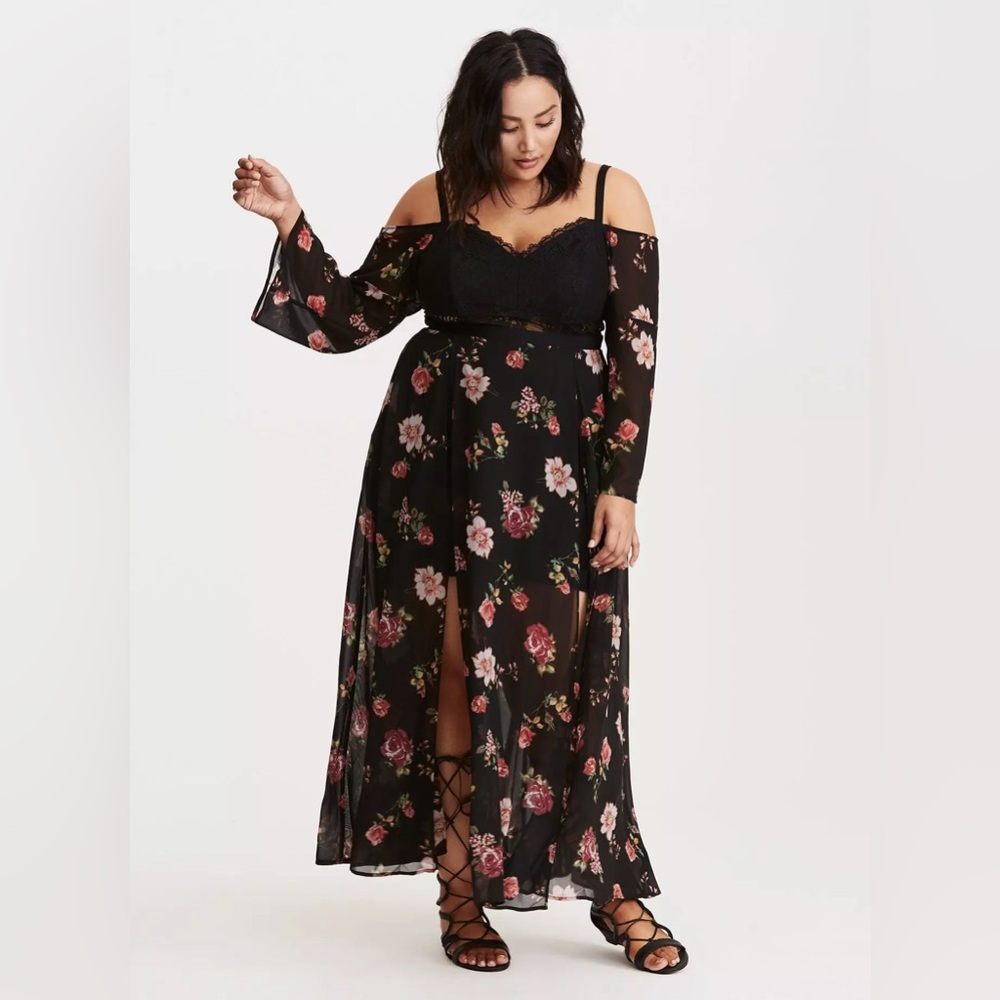Torrid Insider Floral Print Cold Shoulder Lace Bustier Maxi Dress